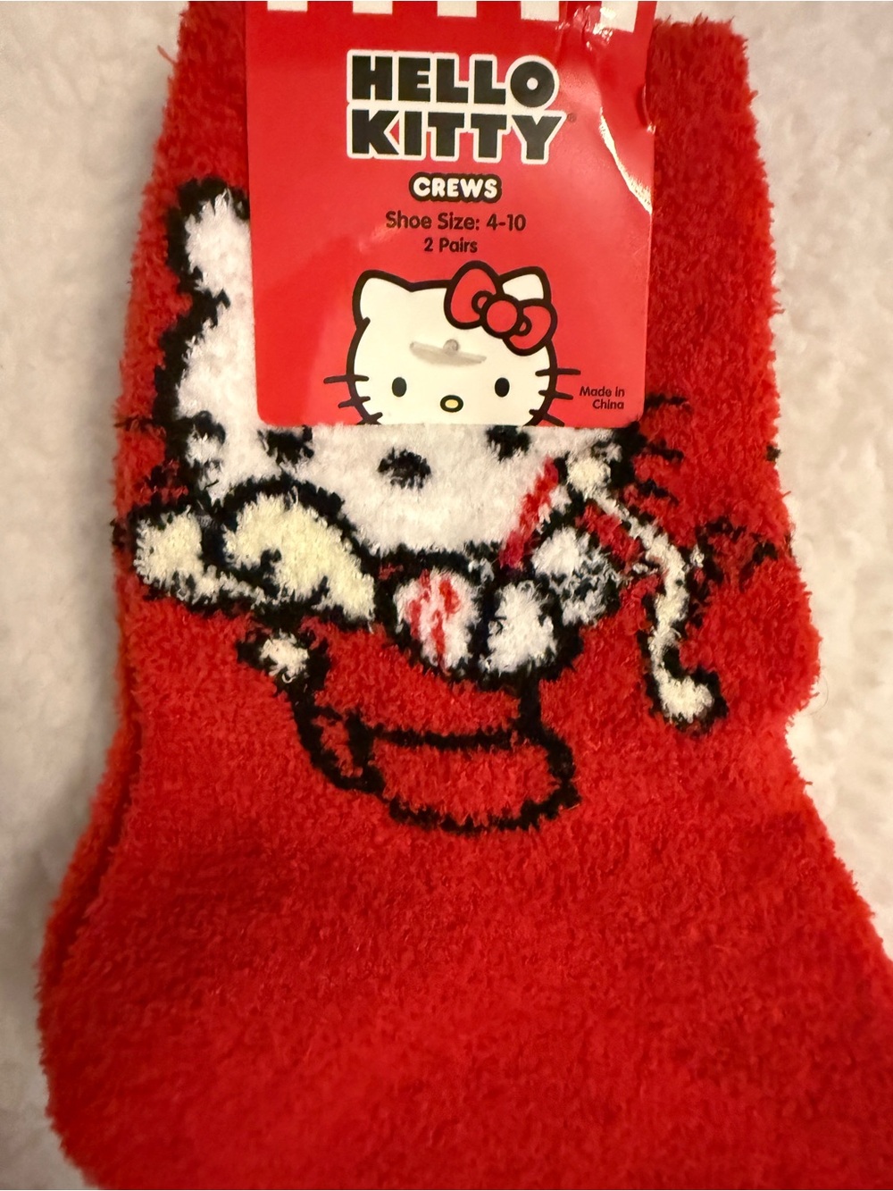 Hello Kitty Red Plush Cat Crew Socks with White & Black Accent